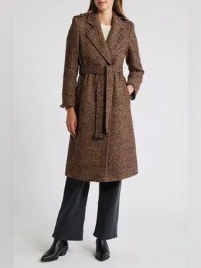 Sam Edelman Sz S Chevron Tie Waist Midi Coat Brown Cozy Herringbone Heritage